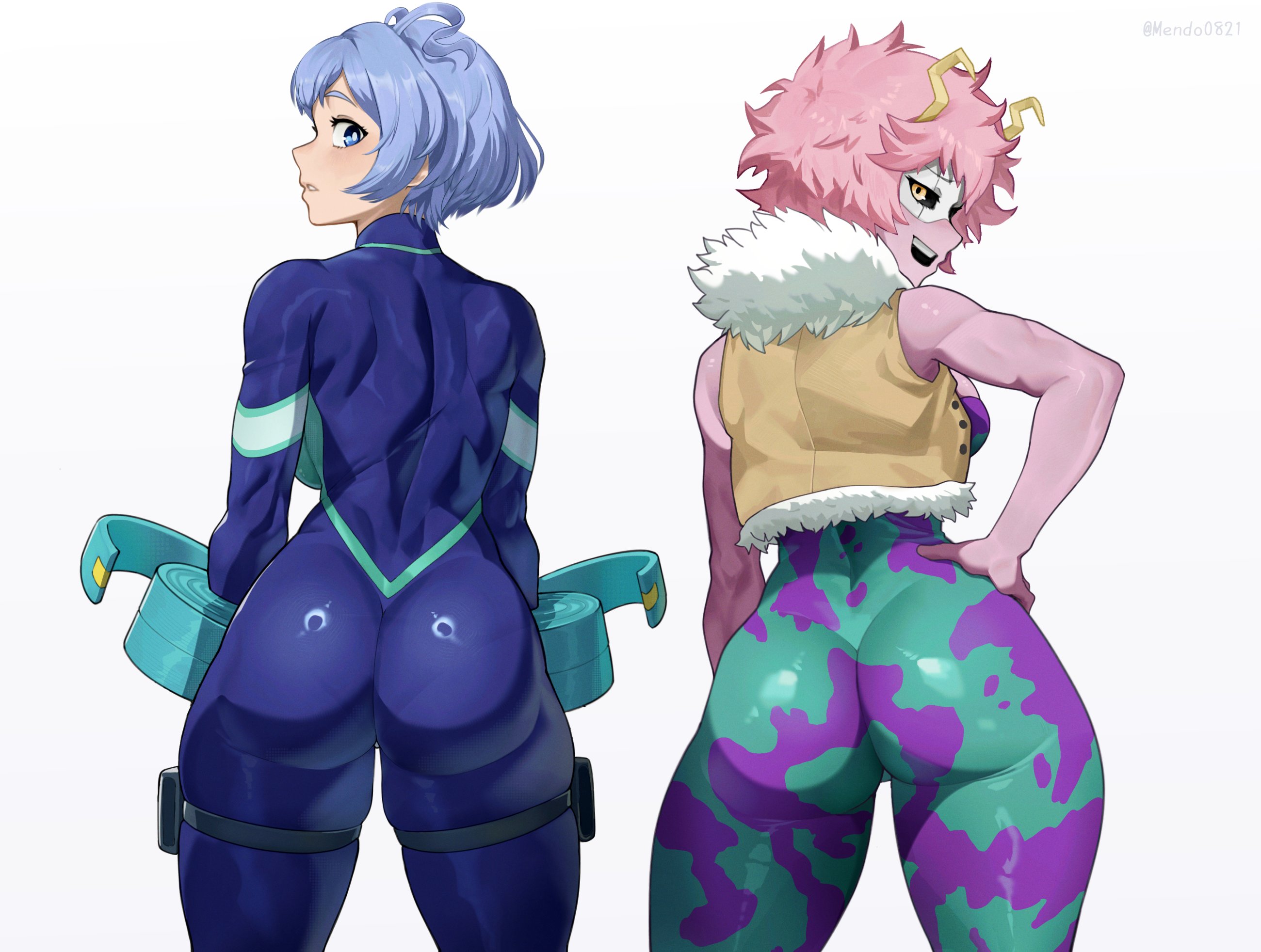 2girls, ass, ass focus, athletic, athletic female, big ass, blue bodysuit, blue hair, bodysuit, boku no hero academia, breasts, butt focus, cropped legs, cropped vest, facing away, female, female only, from behind, fur trim, hand on hip, hands on hips, hero outfit (mha), highres, human, human female, light-skinned female, mendo0821, mina ashido, muscular arms, muscular back, muscular female, my hero academia, nejire hado, pink skin, short hair, skin tight, slim waist, standing, superheroine, teenager, thick thighs, tight clothes, tight clothing, tight pants, vest, white background, wide hips, yellow background