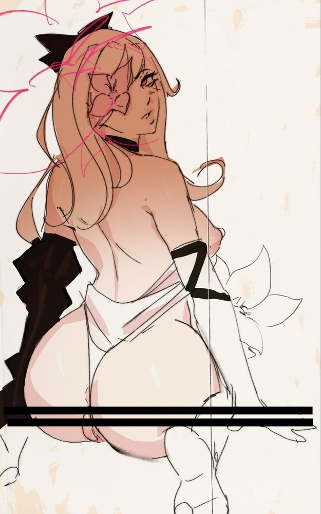 albino, ass, dat ass, drag-on dragoon, drag-on dragoon 3, drakengard, drakengard 3, exposed breasts, flower, flower over eye, hair ribbon, looking at viewer, looking back, medium breasts, metal arm, no panties, pale skin, prosthetic, prosthetic arm, red eyes, square enix, usurper2001, vagina, vulva, white hair, zero (drag-on dragoon), zero (drakengard)