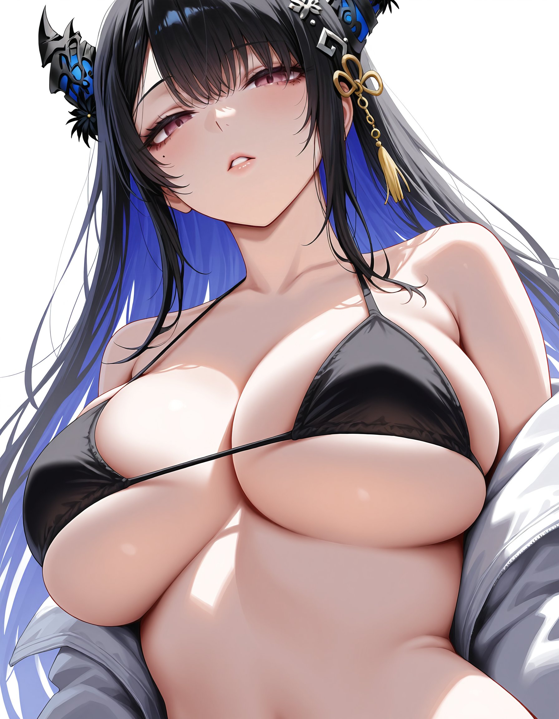 about to burst, ai generated, barely contained, barely contained breasts, barely fits, black hair, blue hair, breasts, breasts too big, bursting breasts, female, hololive, hololive english, hololive english -advent-, horns, huge breasts, imminent wardrobe malfunction, long hair, looking down, multicolored hair, nerissa ravencroft, red eyes, sideboob, solo, straining clothing, tight bikini, tight fit, tight swimsuit, tight swimwear, too tight, two-tone hair, underboob, undersized clothes, undersized clothing, virtual youtuber