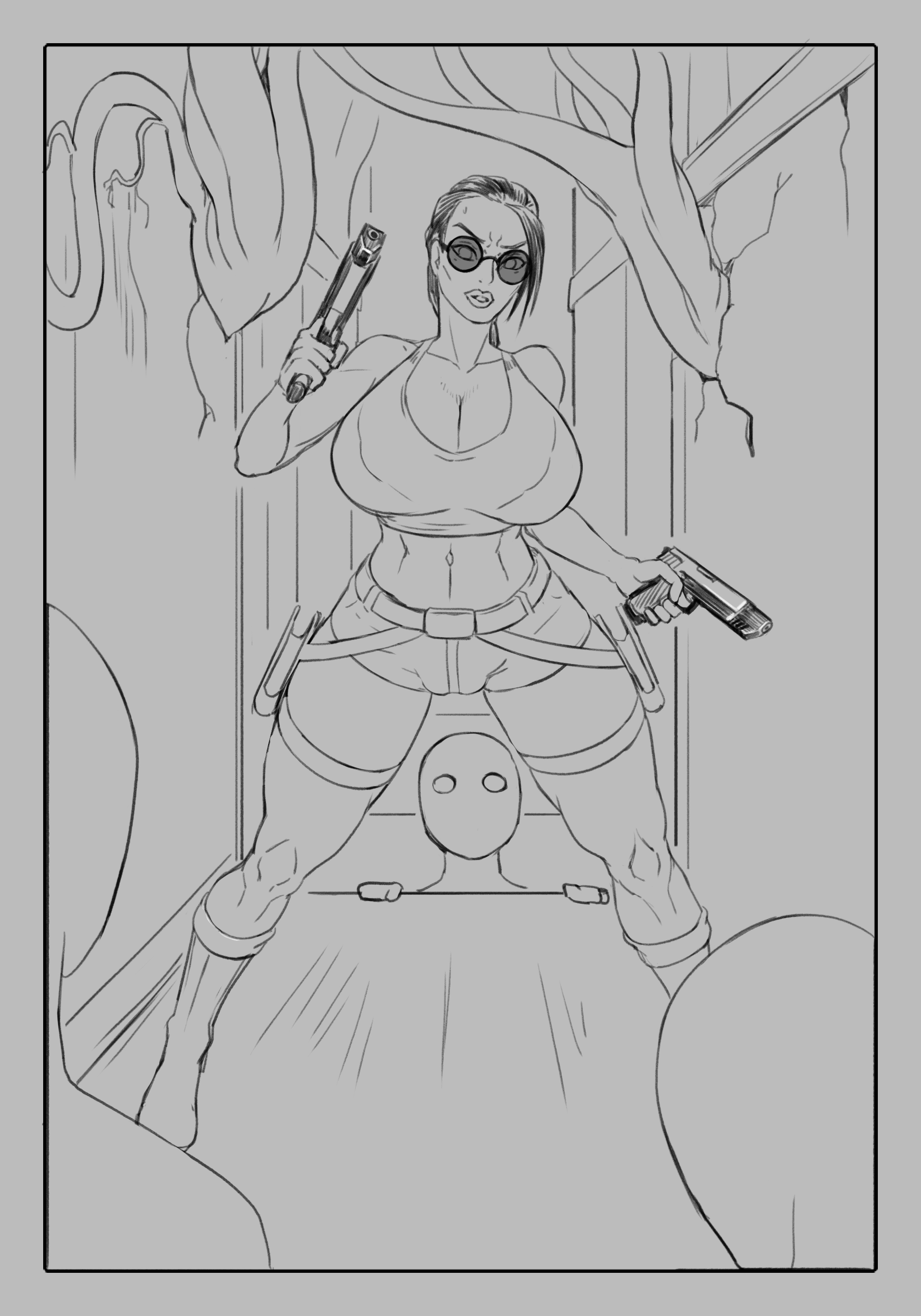 2d, anythinggoes, busty, female, female focus, hourglass figure, imminent rape, imminent sex, lara croft, lara croft (classic), line art, sketch, tagme, tomb raider, tomb raider (classic), wide hips