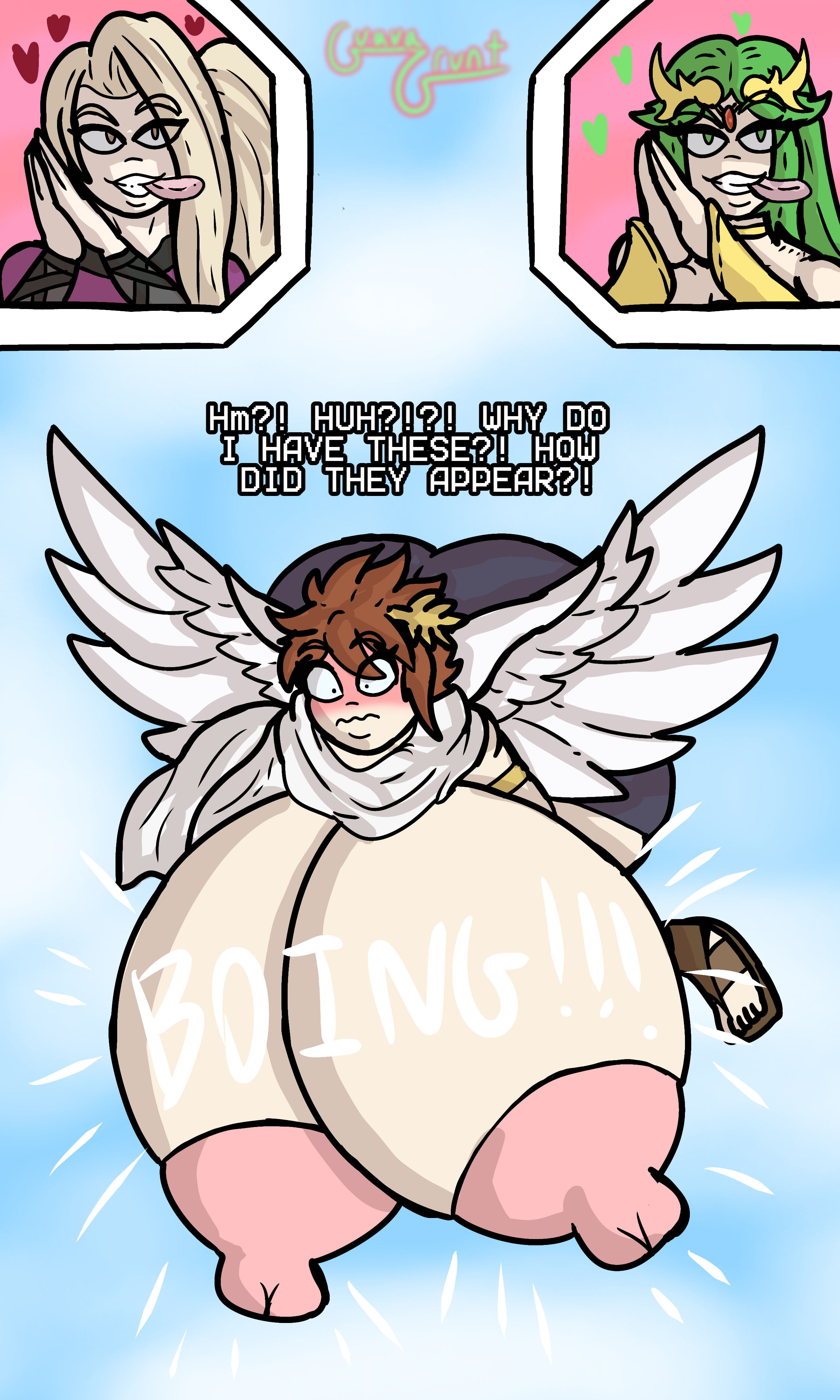 1boy, 2d, 2girls, aroused, aroused face, big ass, big breasts, blonde hair, blush, breast expansion, breast growth, brown eyes, brown hair, busty male, clothed, clothed male, cloud, dialogue, embarrassed, embarrassed male, english text, exposed breasts, female, flying, green eyes, green hair, guavagrunt, hanging breasts, huge ass, huge breasts, inevitable sex, kid icarus, licking lips, male, male focus, male with breasts, meme, palutena, pink nipples, pit (kid icarus), rubbing hands, sandals, sfx, shocked, shocked expression, shorts, sky, speech, text, tongue, tongue out, turned on, viridi, wings, writing