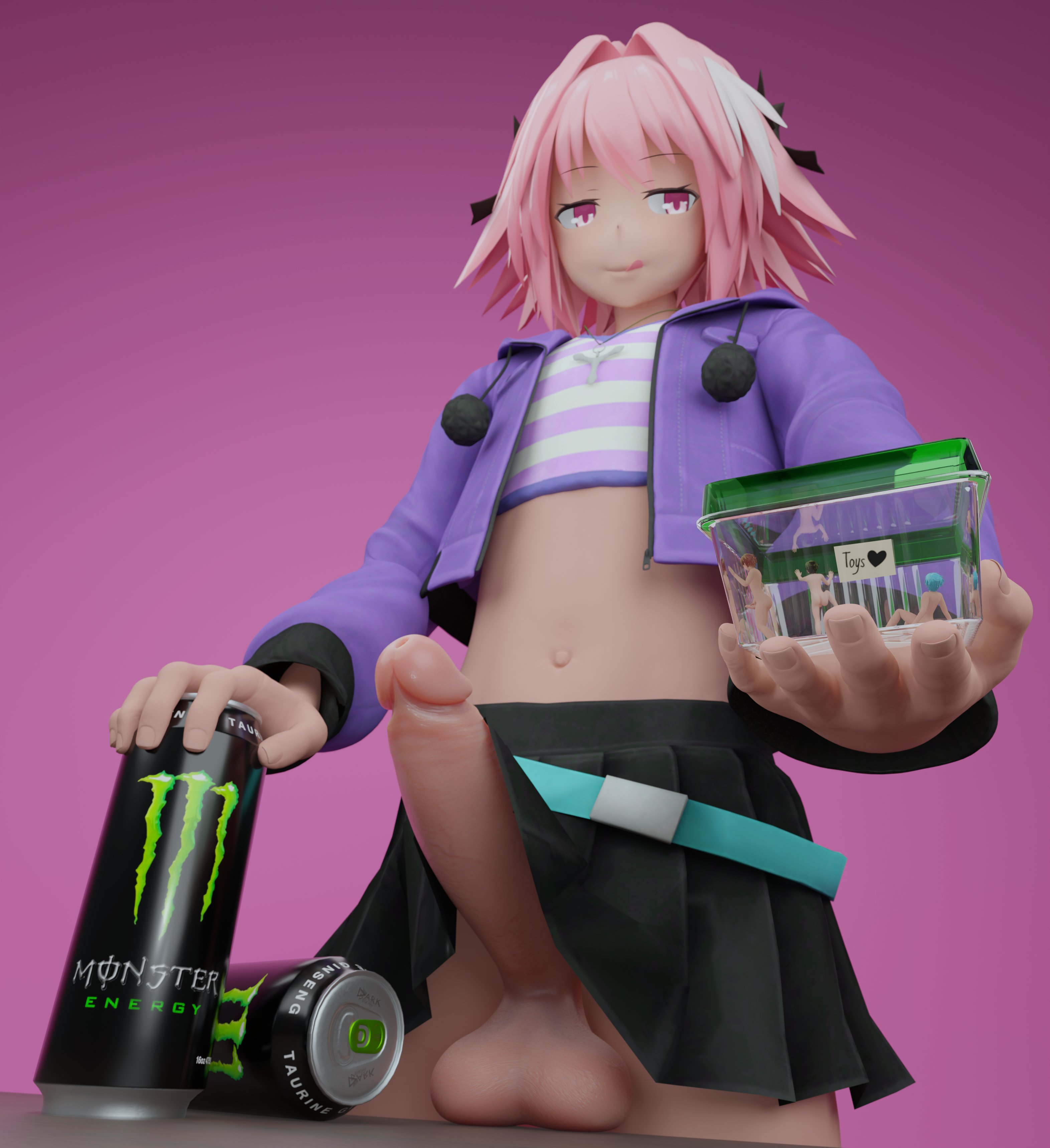 3d, 4boys, astolfo (fate), astolfo monster cosplay (meme), balls, big balls, big penis, clothing, container, dehumanization, dominant male, erect penis, erection, fate (series), fate/grand order, femboy, femboydom, gay, giant, giant femboy, giant male, hung femboy, hung trap, larger male, macro, maidwarform, masturbation, micro, monster energy, nude, nude male, penis, penis out, penis size difference, pink hair, size difference, terrarium, testicles, trap, trapped, vivarium, yaoi