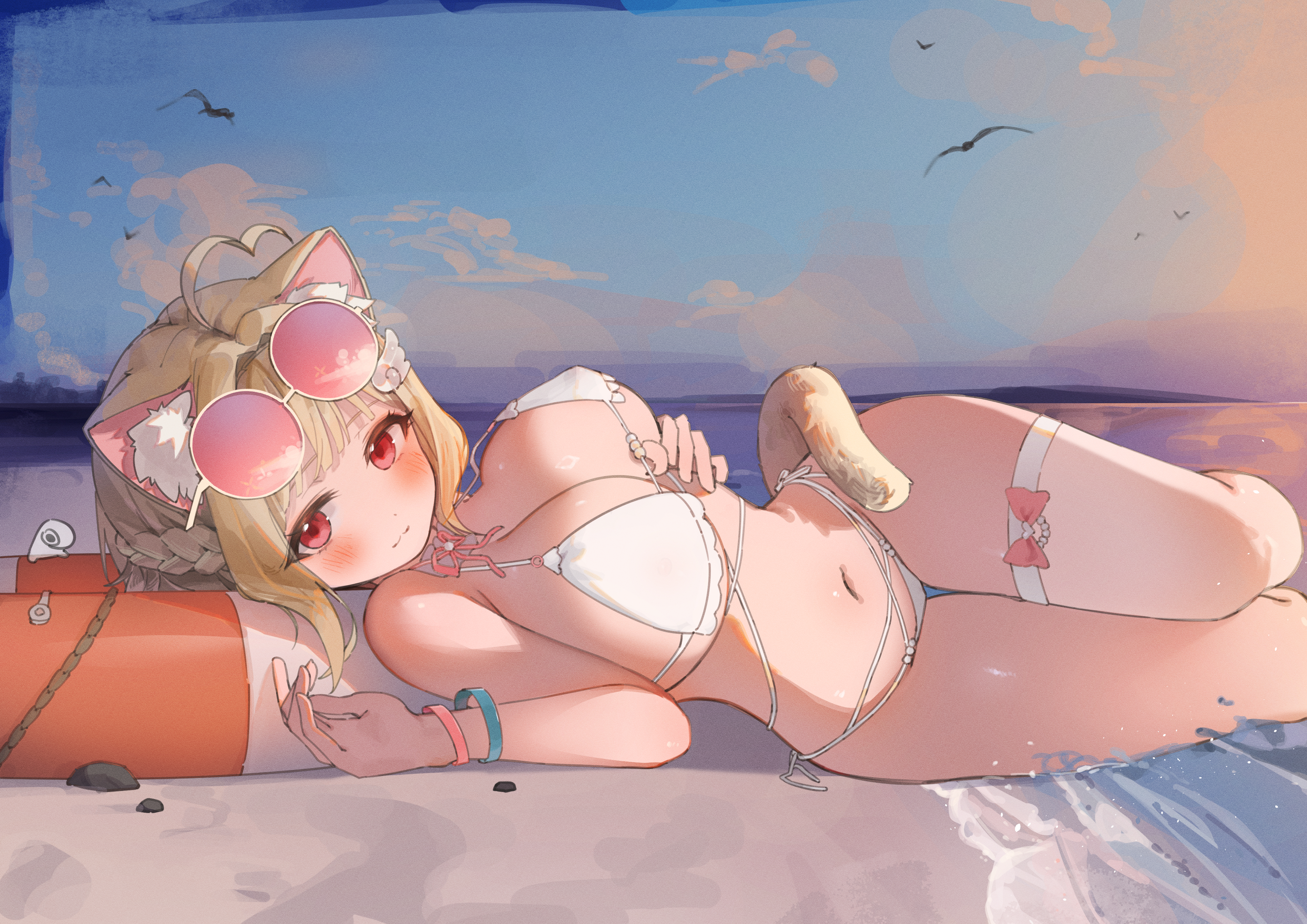 :3, 1girls, animal ears, bare shoulders, beach, belly button, bikini, blonde hair, blush, bra, breasts, cat ears, cat tail, chocosong, female, female focus, female only, large breasts, lingerie, looking at viewer, lying, navel, nekoma karin, nekomimi, outside, panties, red eyes, short hair, stomach, sunglasses, sunglasses on head, swimsuit, thighs, virtual youtuber, water, waves