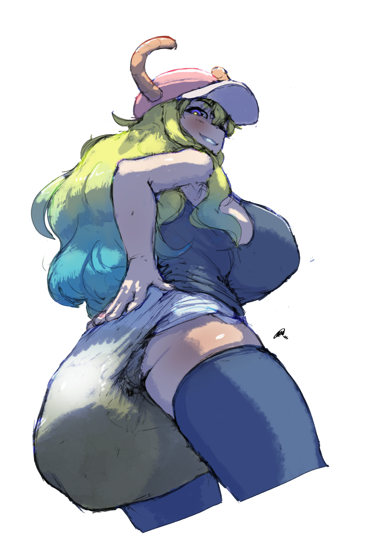 1girls, ass, baseball cap, blonde hair, diaper, from below, full diaper, gennhauhnarts, hat, holding diaper, horns, hyper diaper, kobayashi-san chi no maidragon, looking at viewer, looking back, looking down, lucoa, lucoa (maidragon), messy diaper, miss kobayashi's dragon maid, multicolored hair, quetzalcoatl (dragon maid), scat, soiled diaper, solo