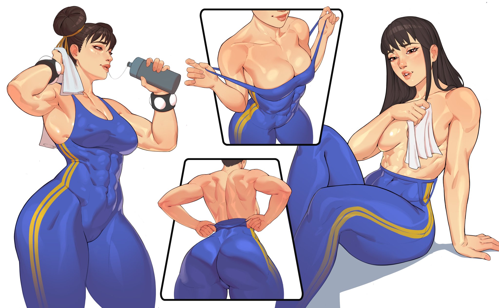 1girls, abs, ass, athletic female, back, bottle, bracelet, breasts, breedable hips, brown eyes, brown hair, cameltoe, chun-li, covering breasts, drinking, hair buns, highres, muscles, muscular female, saliva, saliva trail, simple background, street fighter, topless, towel, undressing, untied hair, workout clothes, zesker