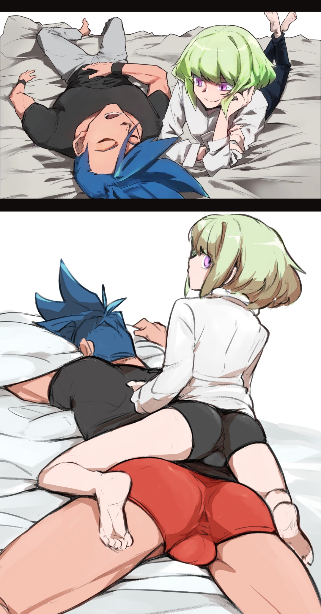 2boys, androgynous, ass, ass focus, aus vaka, femboy, galo thymos, gay, lio fotia, on bed, petite, petite body, petite male, pov, promare, size difference, slim, slim male, slim waist, twink, wholesome, yaoi