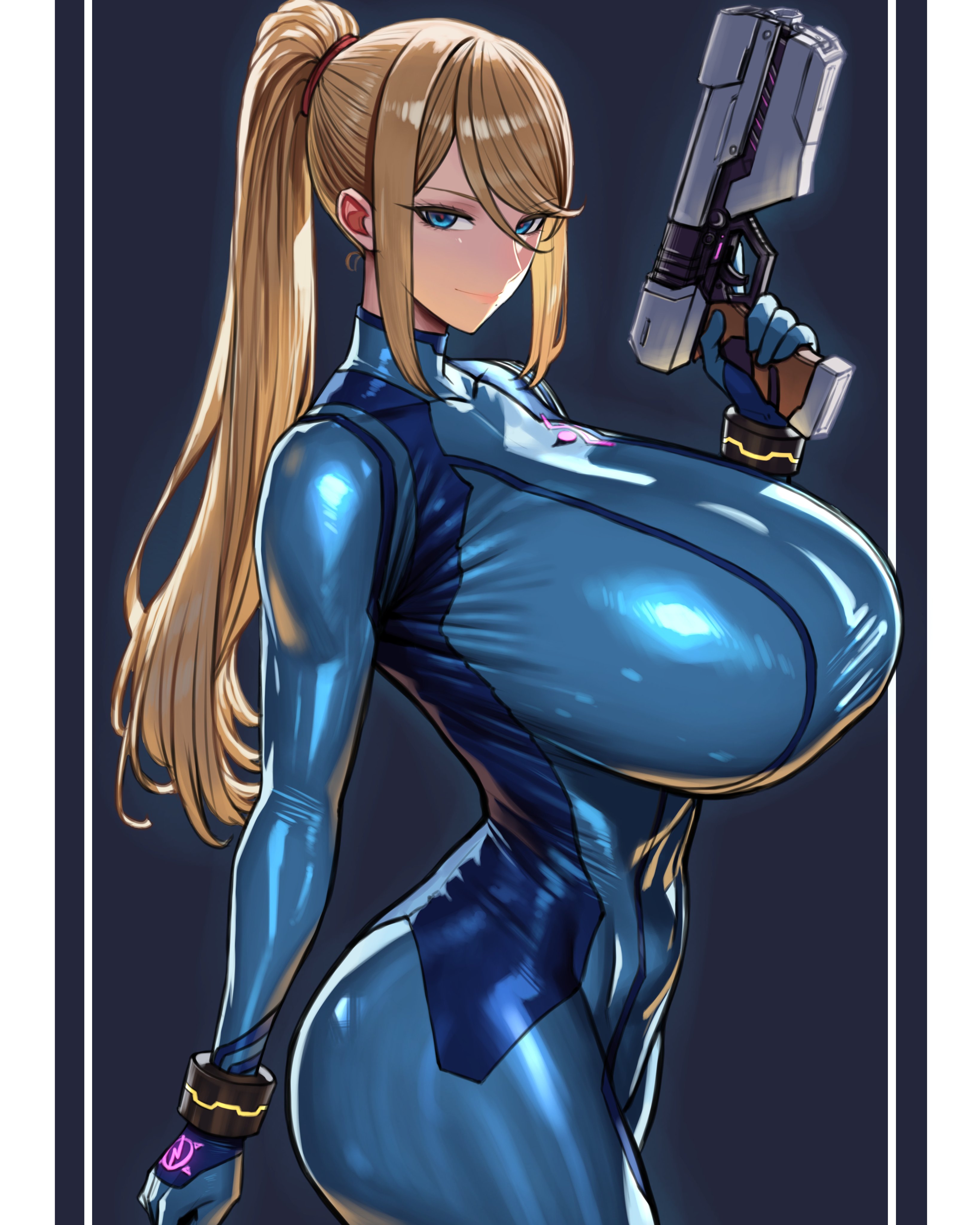 1girls, absurdres, alternate breast size (larger), ass, big breasts, blonde hair, blue bodysuit, blue eyes, bodysuit, breasts, breasts bigger than head, female, female only, gigantic breasts, highres, holding, huge breasts, large breasts, long hair, looking at viewer, metroid, mole, mole under mouth, nintendo, ponytail, samus aran, skin tight, skindentation, smile, solo, super smash bros., very long hair, weapon, wolffeld price, zero suit, zero suit samus