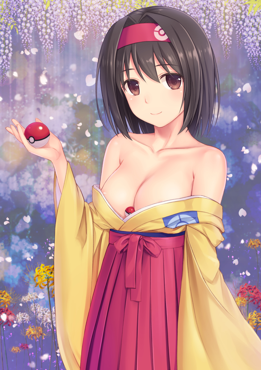 barely_visible_nipples between_breasts black_hair blush breasts brown_eyes collarbone covering erika_(pokemon) female gym_leader hairband hakama headband japanese_clothes kimono looking_at_viewer n.g. nintendo object_between_breasts off_shoulder poke_ball pokemon pokemon_rgby short_hair smile solo