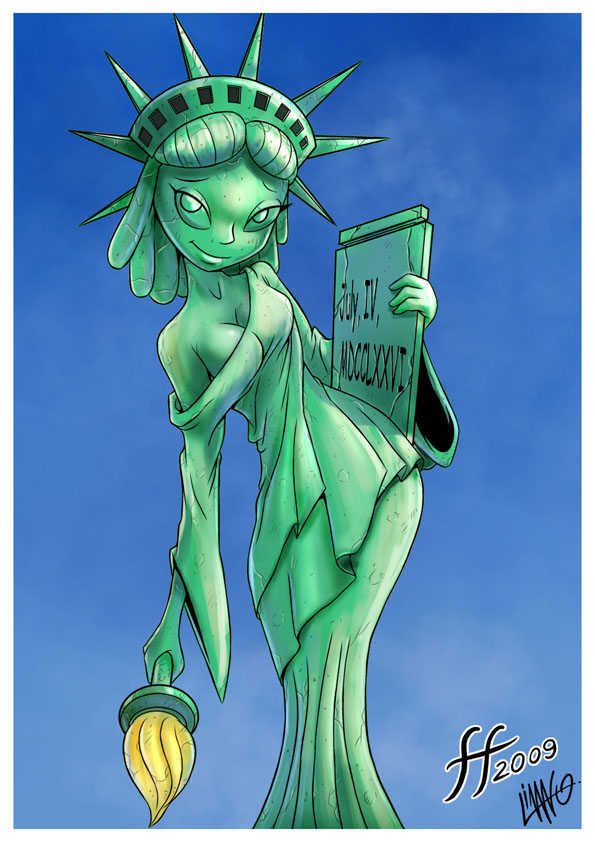 1girls, 2009, artist request, breasts, cleavage, female, looking at viewer, solo, statue, statue of liberty, text, torch