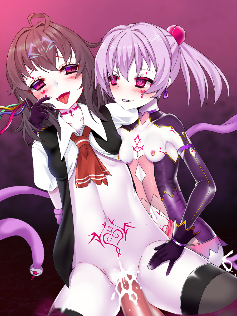 2girls arashi_(kantai_collection) blush bottomless breasts brown_hair censored cum cum_in_pussy dark_persona facial_mark gloves heart heart-shaped_pupils highres kantai_collection long_hair multiple_girls nipple_piercing nipples okuri_banto open_clothes pale_skin penetration piercing purple_hair red_eyes restrained revealing_clothes sex shinkaisei-kan shiranui_(kantai_collection) short_hair symbol-shaped_pupils tattoo tentacle thighhighs tongue tongue_out vaginal_penetration