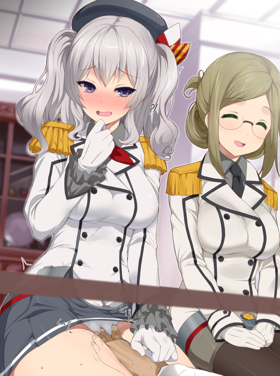 2girls bangs beret black_legwear blue_eyes blush breasts buttons closed_eyes epaulettes folded_ponytail footjob glasses gloves grey_hair hair_ribbon hat highres jacket kantai_collection kashima_(kantai_collection) katori_(kantai_collection) kerchief kusaka_souji large_breasts long_hair military military_uniform miniskirt multiple_girls necktie open_mouth panties pantyhose parted_bangs ribbon seiza sidelocks sitting skirt smile table tied_hair tsurime twintails under_the_table underwear uniform wavy_hair white_gloves white_panties