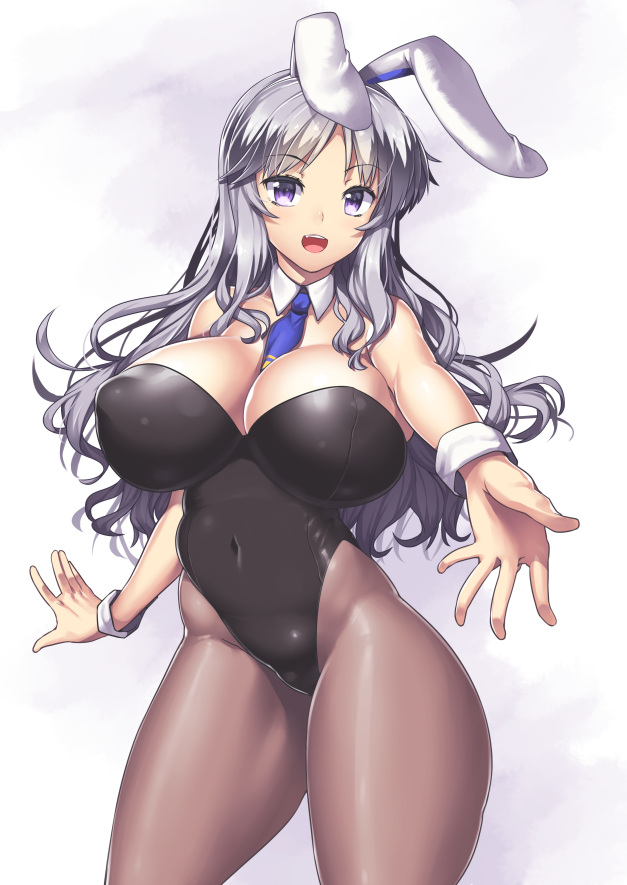 breasts bunny_ears bunnygirl character_request cleavage female grey_hair large_breasts leotard long_hair nagase_haruhito open_mouth pantyhose solo standing tie