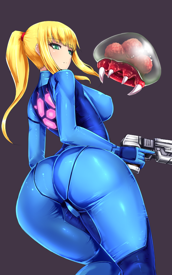 ass blonde_hair blue_eyes bodysuit dat_ass female female_only gun human ishimiso_(ishimura) metroid nintendo ponytail samus_aran solo standing tied_hair tight_clothes weapon zero_suit zero_suit_samus