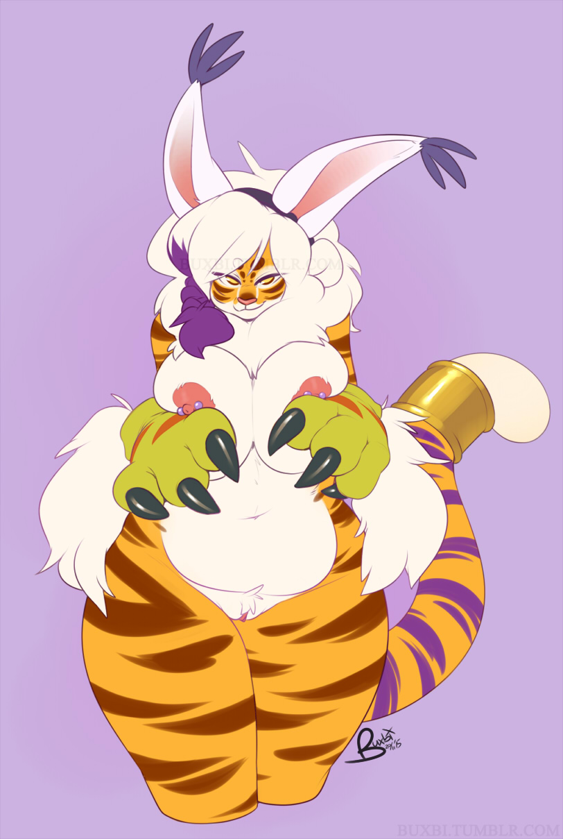 2015 anthro areola big_breasts breasts buxbi buxbi_(character) cosplay digimon digimon_(cosplay) feline female gatomon gatomon_(cosplay) hair looking_at_viewer mammal nipple_piercing nipples piercing pussy simple_background smile solo stripes tailmon tailmon_(cosplay) tiger white_hair