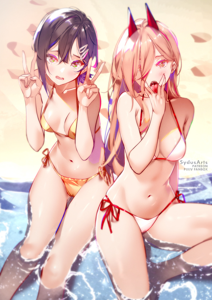 2021 2girls alternate_version barefoot beach belly belly_button bigger_female bikini bikini_bottom bikini_top chainsaw_man cleavage duo full_body hair_pin hand_gesture higashiyama_kobeni horns long_hair looking_at_viewer open_mouth peace_sign power_(chainsaw_man) seaside sharp_teeth signature sitting swimsuit sydus teeth thighs