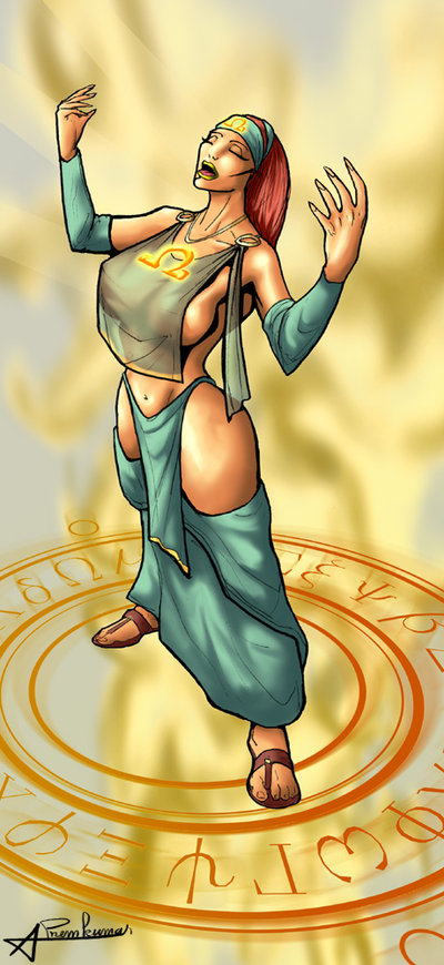 1girls, alainprem, breasts, eyes closed, feet, female, female only, god of war, loincloth, nipple bulge, no bra, open mouth, oracle of athens, sandals, solo, tagme, uncensored