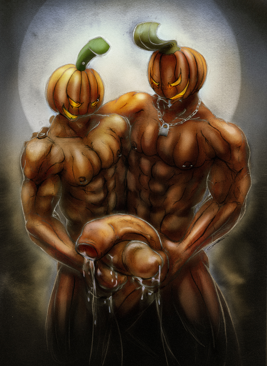 balls gay jack-o'-lantern junkersquawker penis plant_humanoid precum pumpkin pumpkin_head