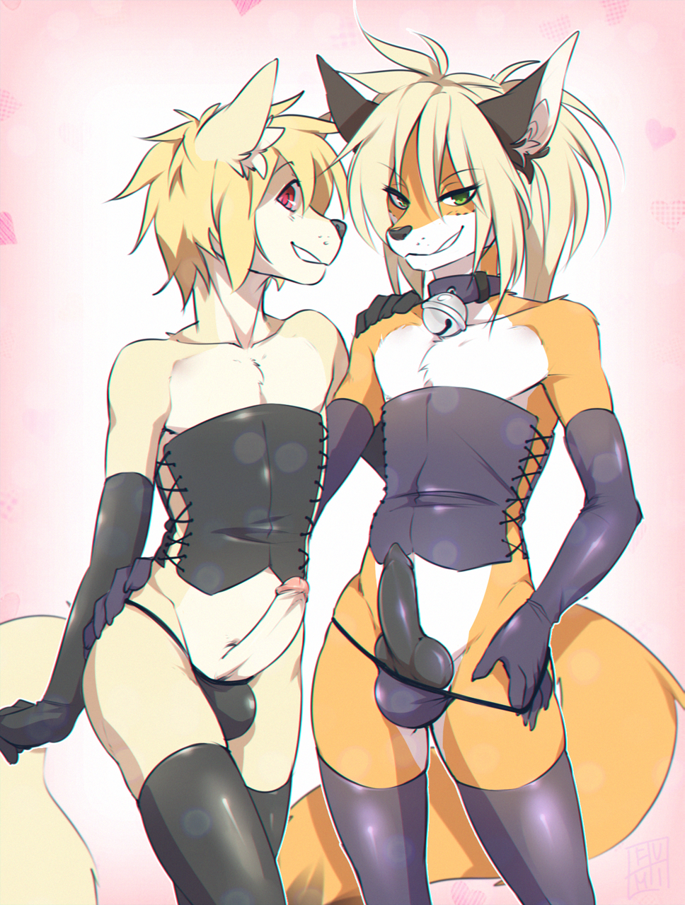 2015 2boys animal_genitalia anthro bell bell_collar blonde_hair canine canine_penis clothing collar color corset cream_fur duo elbow_gloves erection eyelashes fox front_view fumiko fur furry furry_only girly gloves gradient_background green_eyes hair half-closed_eyes hand_on_ass hand_on_hip hand_on_shoulder heart humanoid_penis knot legwear lingerie long_hair looking_at_viewer male male_only mammal multicolored_fur nirai orange_fur penis pink_background ponytail red_eyes rubber simple_background smile smirk standing sunii tail thigh_highs thong thong_pull tied_hair two_tone_fur white_fur