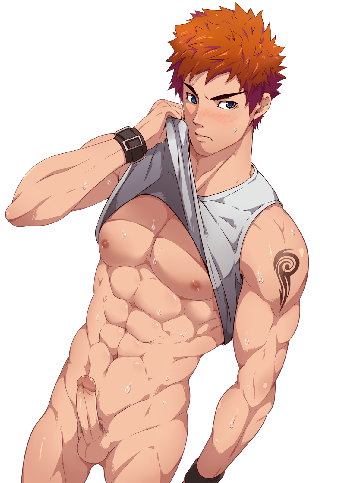 abs, blue eyes, bottomless, clothes, dutch angle, erection, human, male, male only, muscles, nipples, orange hair, penis, shirt, shirt lift, solo, tattoo, uncensored