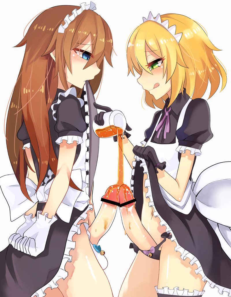 balls, balls in panties, blonde hair, blue eyes, blush, brown hair, censored, erection, frottage, futa sans balls, futanari, green eyes, honey, intersex, maid, maid headdress, maid uniform, mouth hold, onigenso, panties, penis, pouring, skirt lift