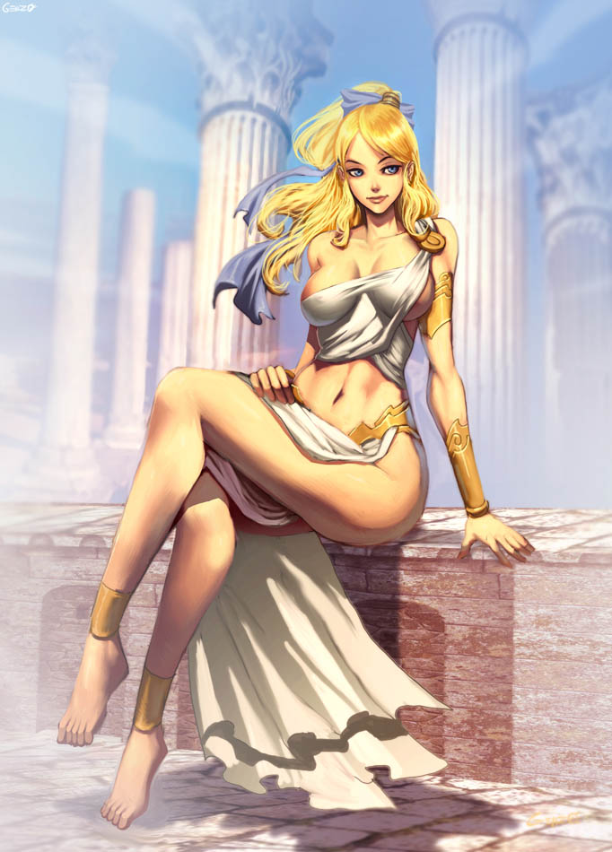 1girls blonde_hair breasts erect_nipples_under_clothes genzoman greek_mythology helen_of_troy history literature mythology nude sitting solo toga