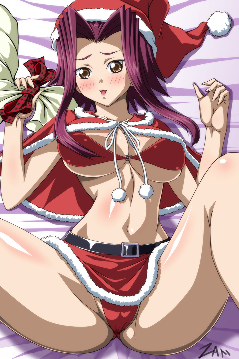 akiza izinski, amber eyes, bikini, blush, christmas, female, holding object, izayoi aki, laying on bed, red hair, santa hat, yu-gi-oh!, yu-gi-oh! 5d's