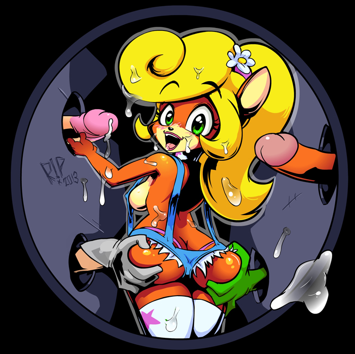 accidental incest, anthro, ass, ass grab, bandicoot, bathroom stall, blush, breasts, brother and sister, bukkake, coco bandicoot, crash (series), crash bandicoot, cum, cum everywhere, cum on body, cum on face, female, glory hole, incest, looking at viewer, looking back, male, marsupial, mistaken identity, open mouth, penis, r!p, sideboob, thong