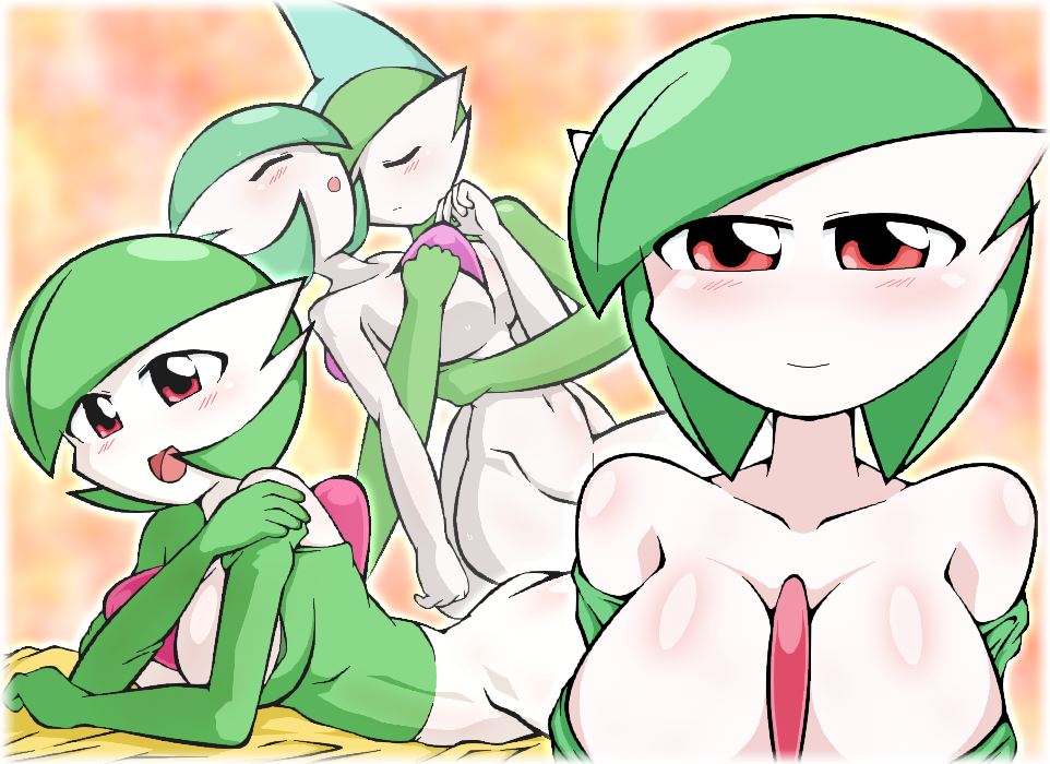 1boy 1girls female gallade gardevoir green_hair male pokemon pokemon_(species) red_eyes uranoyoru