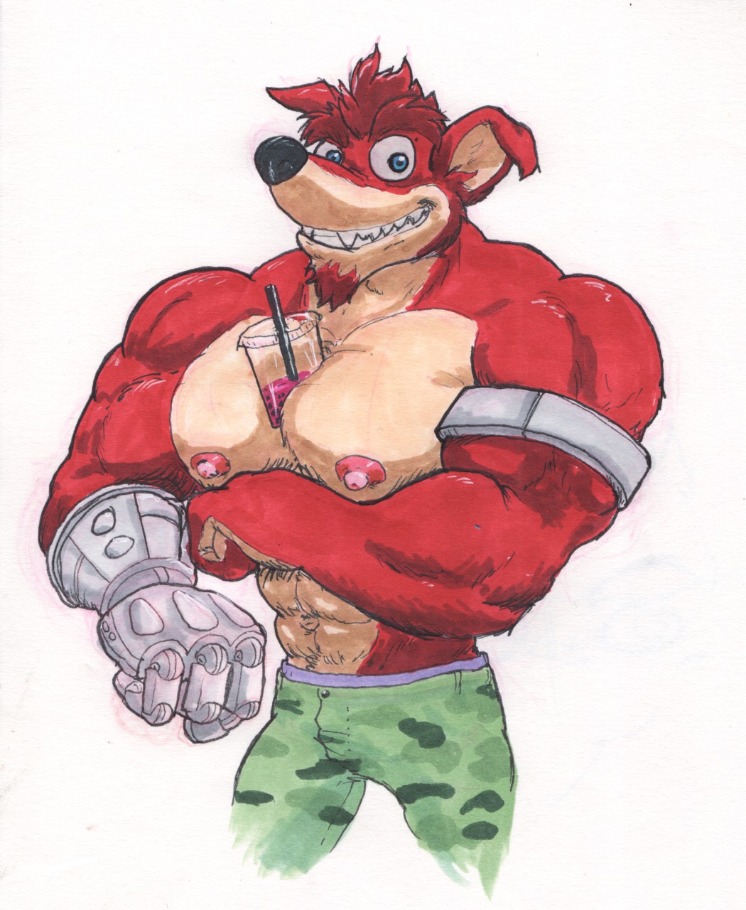 10s 1boy 2019 4_fingers anthro azul_(artist) bandicoot bara black_nose blue_eyes bubble_tea bubble_tea_challenge camo_pants camo_print chin_tuft crash_(series) crunch_bandicoot flexing male male_only marsupial meme muscular muscular_male nipples pants puffy_nipples red_eyebrows red_fur red_hair robotic_arm simple_background solo tan_fur traditional_media_(artwork) two_tone_fur video_games white_background