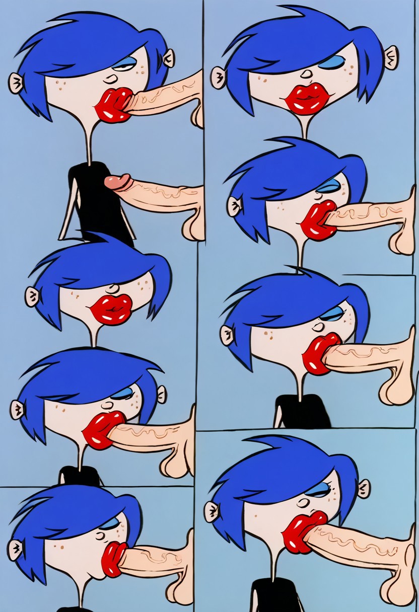 1boy 1girls ai_generated big_lips bimbo_lips blowjob blue_eyeshadow blue_hair cartoon_network ed_edd_n_eddy fellatio freckles kanker_sisters lipstick marie_kanker red_lipstick sucking_penis