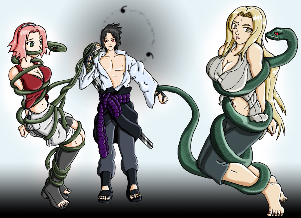 1boy 2girls bound coiling defeated female kunoichi male multiple_girls naruto naruto_(series) naruto_shippuden ninja peril sakura_haruno sasuke_uchiha snake squeezing trap tsunade wing-saber