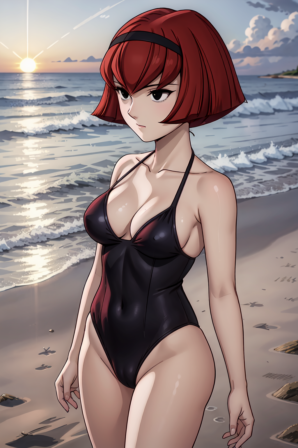 ai_generated android beach breasts cameltoe cleavage one-piece_swimsuit r._dorothy_wayneright robot robot_girl swimsuit the_big_o