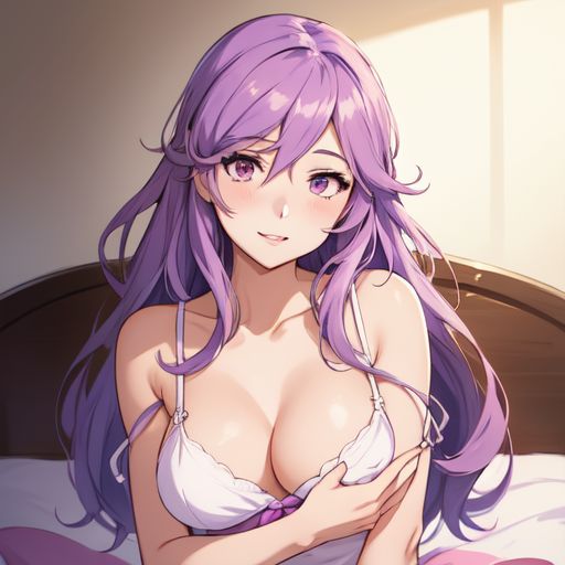 ai_generated alternate_breast_size big_breasts bra camilla_(fire_emblem) dress fire_emblem holding_breast long_hair looking_at_viewer magenta_hair mythrafan65 nintendo smiling smiling_at_viewer white_bra