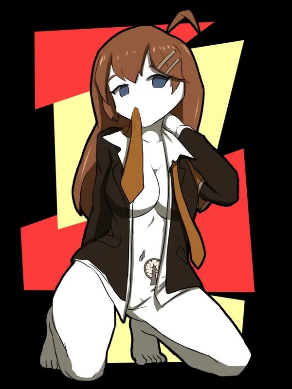 1girl accurate_art_style armband artist_request barefoot black_background blue_eyes brown_hair cleavage game_logo hairclip hairclips hod_(lobotomy_corporation) lobotomy_corporation mostly_nude project_moon sexy_pose tattoo tie unknown_artist