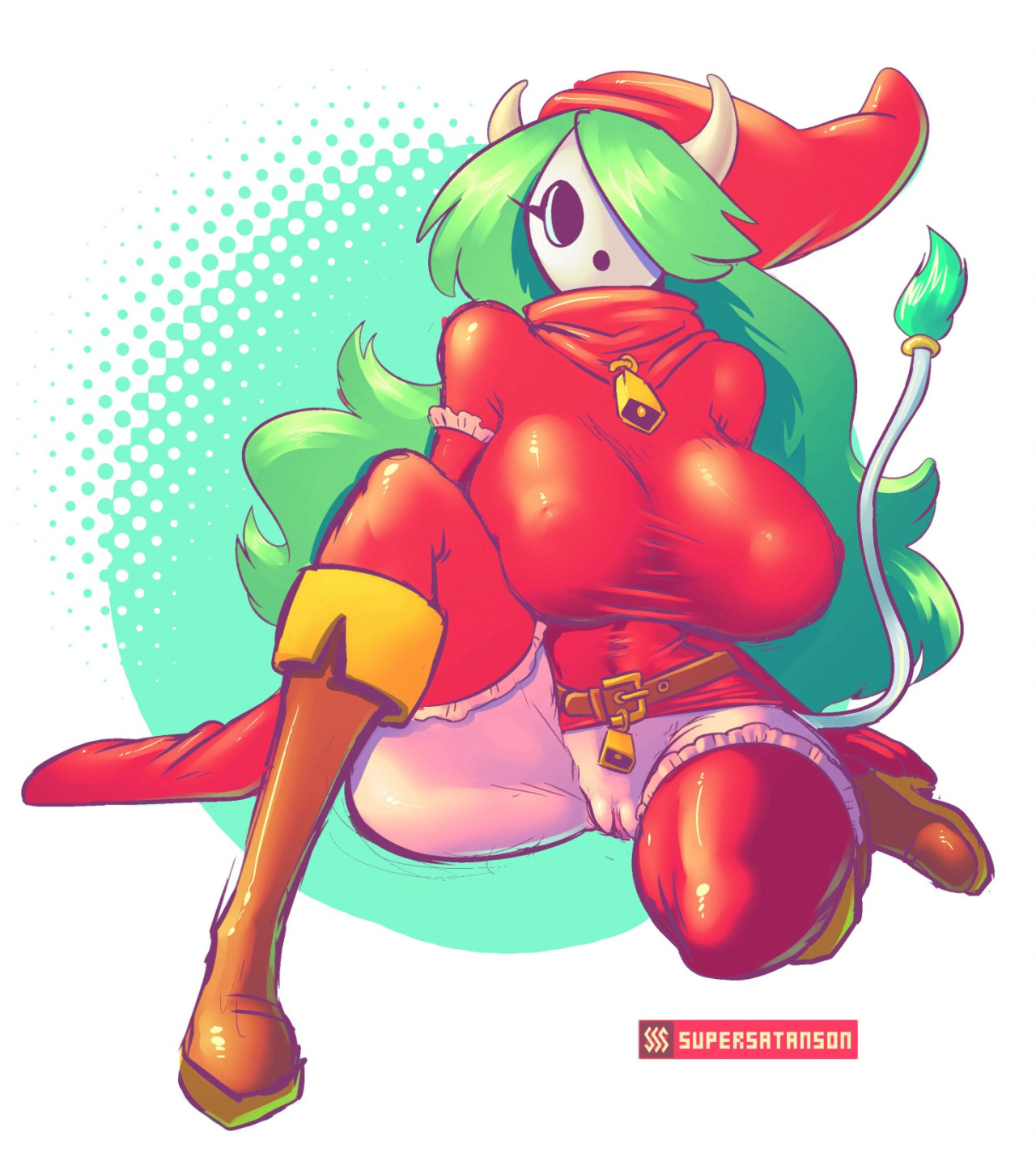 1girls, boots, breasts, clothing, cow accoutrements, cow girl, cow horns, cow tail, cowbell, female, female only, full body, green hair, hat, horns, large breasts, long hair, mario (series), mask, moo bitch, nintendo, no panties, pussy, rule 63, shy gal, simple background, sitting, solo, supersatanson, sweater, tail, thighhighs, tight clothing, very long hair, wavy hair