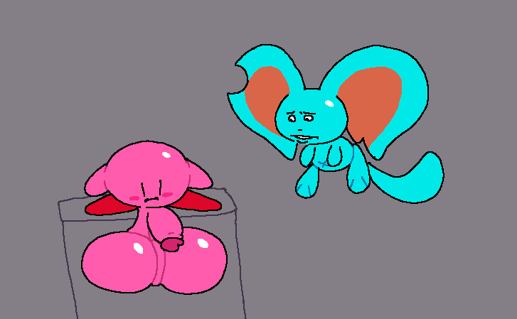 2024 alien anthro balls big_balls black_eyes black_nose blue_body blue_ears blue_fur blue_tail chinchilla chinchillid digital_media_(artwork) duo elfilin flying fur genitals grey_background huge_balls humanoid hyper hyper_balls hyper_genitalia kirby kirby_(series) kirby_and_the_forgotten_land looking_at_genitalia looking_at_own_penis looking_at_penis looking_at_self looking_down male mammal navel nintendo penis pink_body rodent simple_background standing superiorfox tail teeth waddling_head x_navel