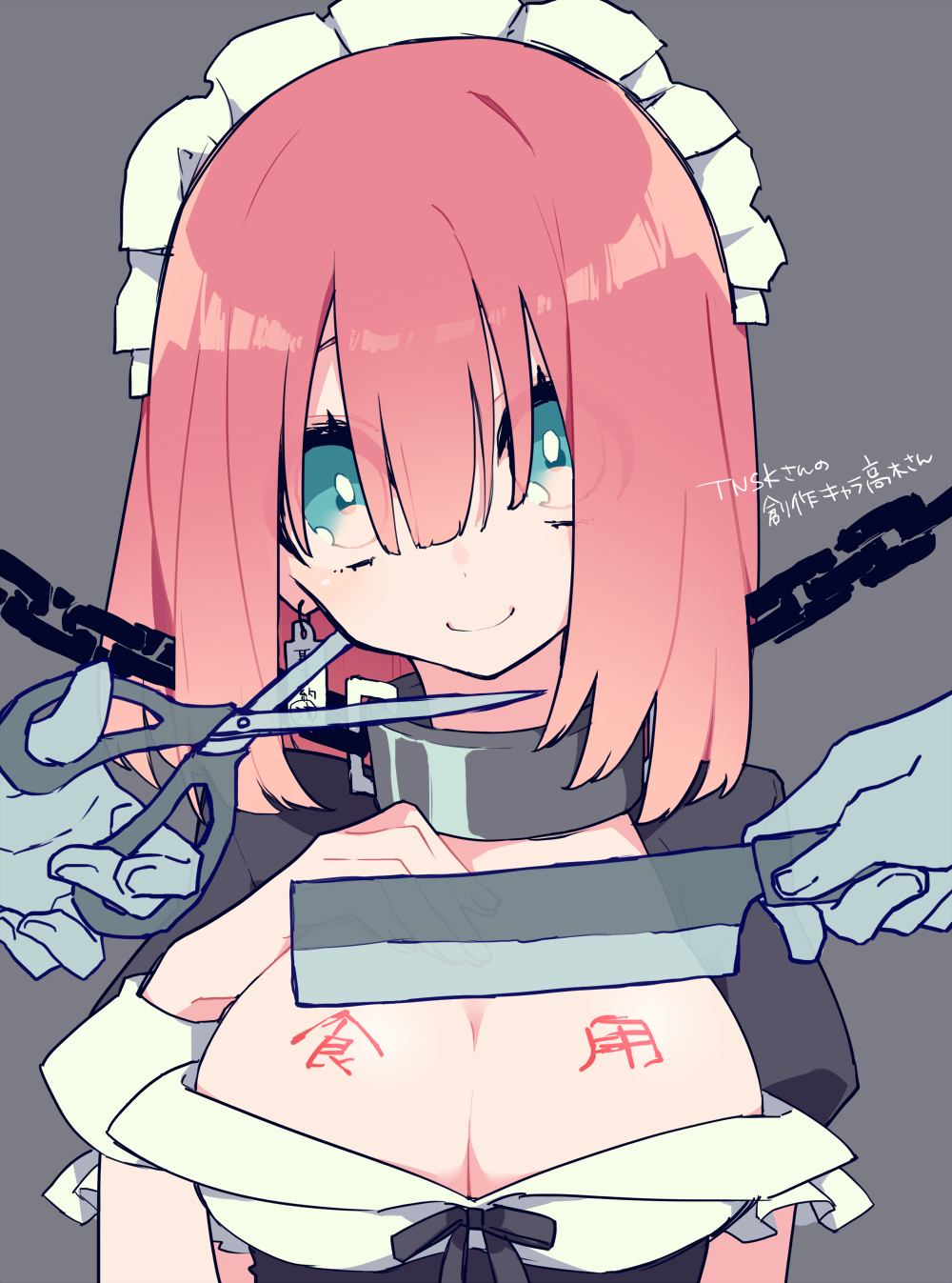 blue_eyes bondage borrowed_character breasts chains cleavage collar female grey_background hands highres knife looking_at_viewer maid_headdress original pink_hair scissors simple_background smile solo_focus takagi_(tansuke) torture yamada_kei