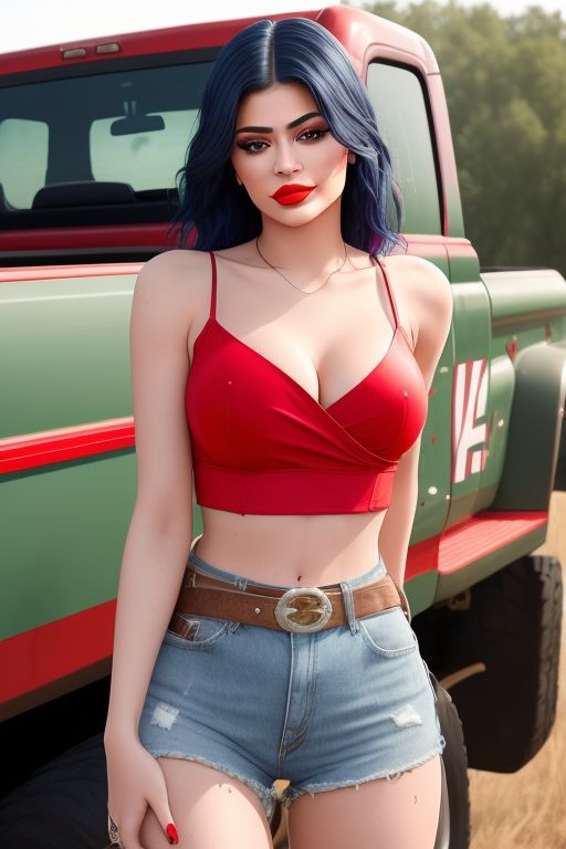 ai_generated american big_breasts bikini bitchy blue_hair busty celebrity country_girl denim denim_shorts hourglass_figure kylie_jenner real_person red_blouse red_clothing redneck