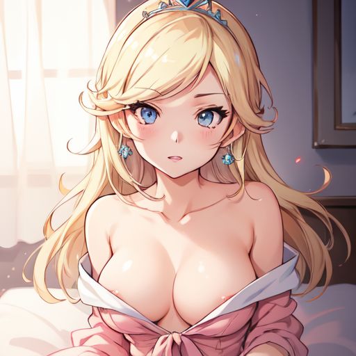 ai_generated blonde_hair breasts breasts_out cute cute_face earrings looking_at_viewer medium_breasts mythrafan65 nintendo pink_dress princess princess_rosalina super_mario_bros. tiara