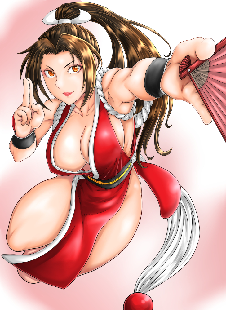 1girls ball belt big_breasts big_breasts brown_eyes brown_hair female female gloves hair_ornament human japanese japanese_clothes king_of_fighters kunoichi light-skinned_female light_skin lipstick long_hair mai_shiranui nipple_bulge red_clothing tail thick_legs thick_thighs thighs tied_hair voluptuous voluptuous_female wide_hips