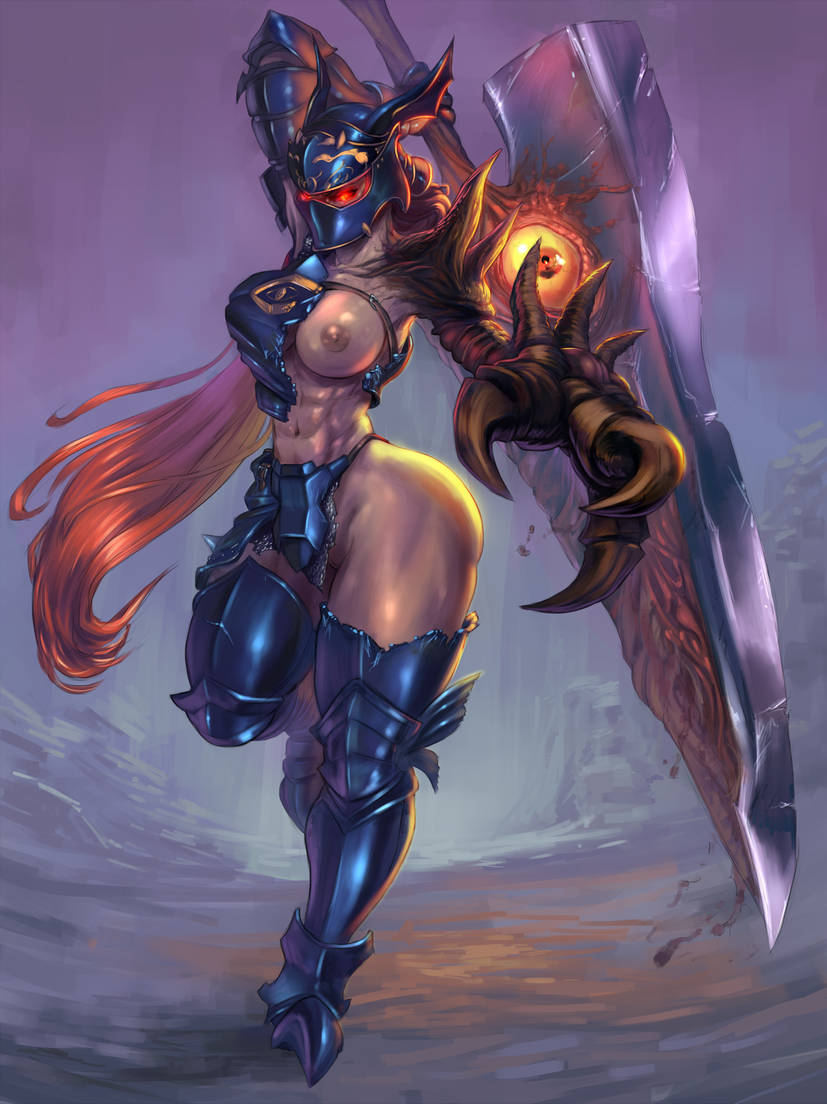 abs blue_armor broken_armor chainmail claw codpiece crotch_plate cutesexyrobutts cutesexyrobutts_(style) demonic_arm full_body gauntlet glowing_red_eyes greaves horned_helmet huge_weapon knight_helmet long_hair muscular_female navel nightmare_(soul_calibur) nipples no_underwear one_breast_out one_leg_bent red_hair rule_63 single_gauntlet soul_calibur soul_calibur_ii soul_edge_(weapon) thick_thighs weapon_over_shoulder