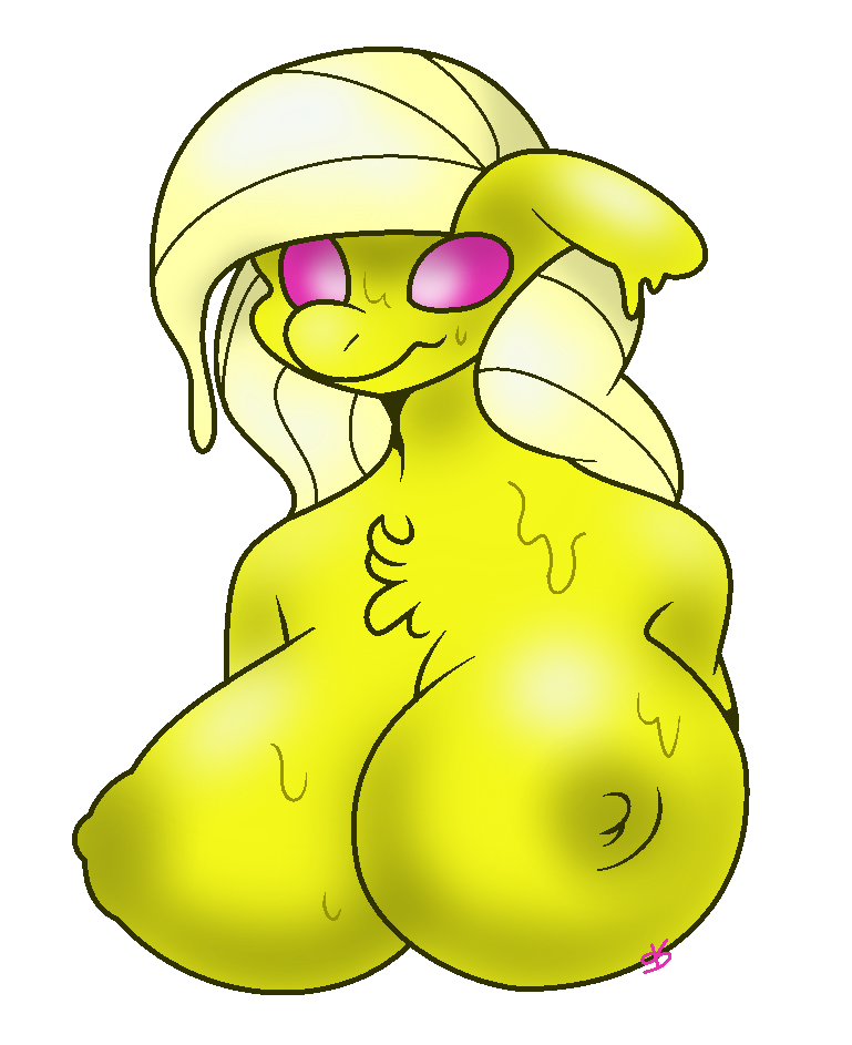 1girls anthro areolae big_breasts blonde_hair breasts fan_character female female_only furry hair huge_breasts large_breasts my_little_pony nipples nude pink_eyes pupilless_eyes purple_sclera razzlespup slime smirk solo yellow_fur yellow_slime