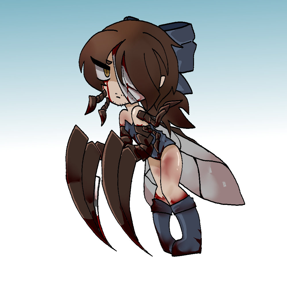 1_eye bug_features bunnysuit chibi chibi_style covered_in_blood gregor_(limbus_company) hair_ribbon hairbow limbus_company project_moon