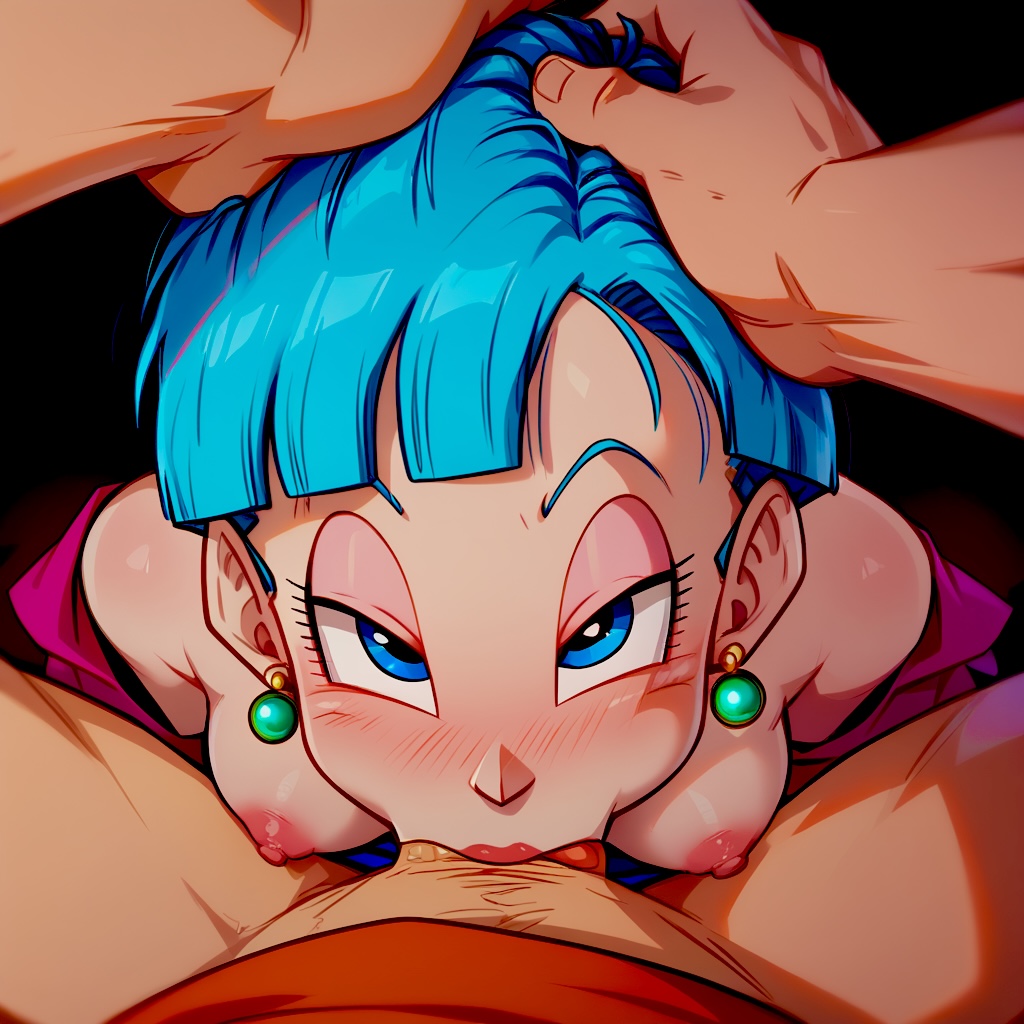 1boy 1girls ai_generated alerotica all_the_way_to_the_base aqua_eyes aqua_hair balls_deep blue_eyes blue_hair bulma bulma_briefs deepthroat dragon_ball dragon_ball_super dragon_ball_z eye_contact female fringe head_grab kneeling light-skinned_female light_skin milf naughty_face oral petite pov red_lipstick seductive_eyes seductive_mouth short_hair skinny slim son_goku tongue_out tongue_out_deepthroat turquoise_eyes turquoise_hair