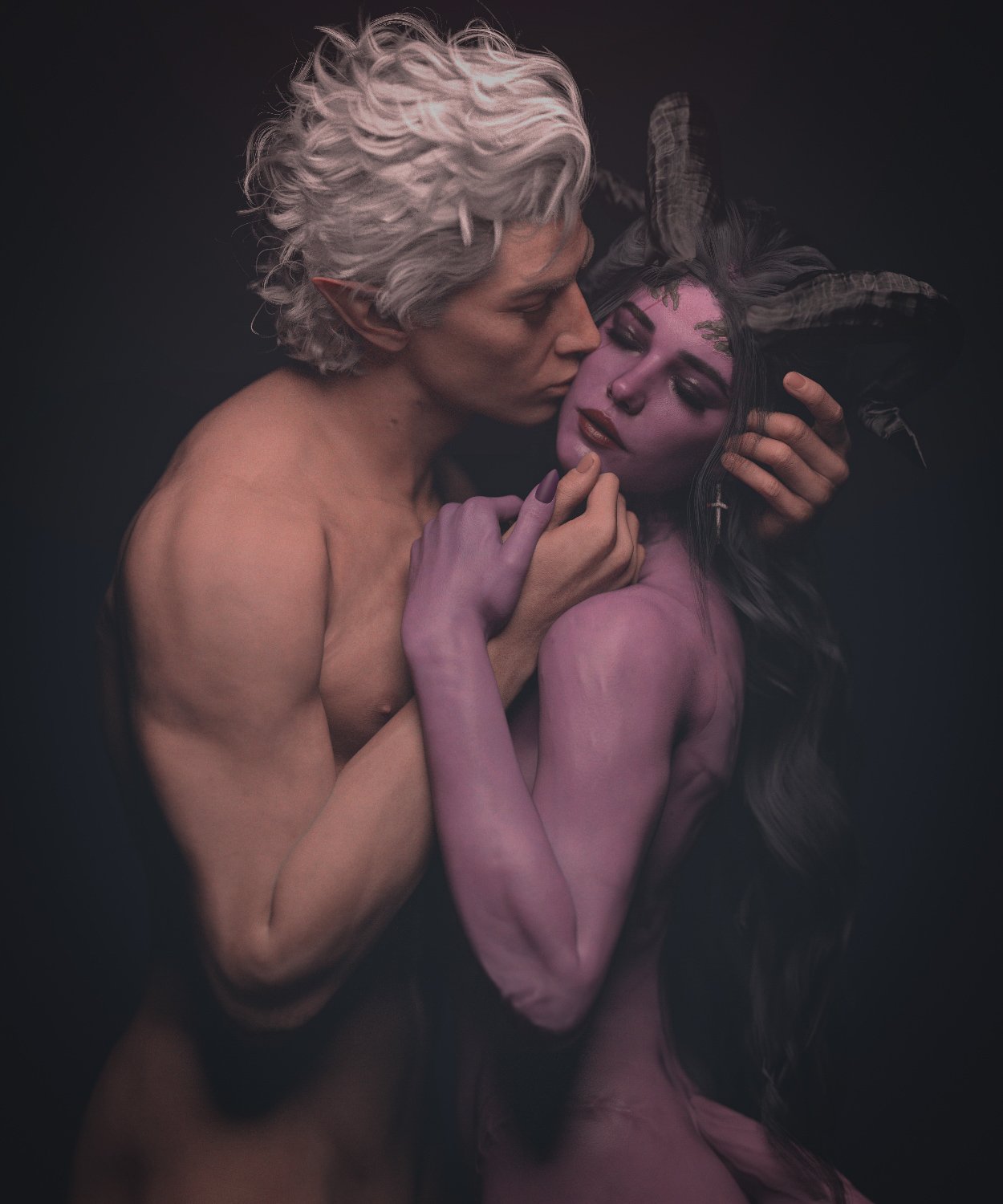 3d 3d_(artwork) 3d_model astarion astarion_(baldur's_gate) baldur's_gate baldur's_gate_3 commission commission_art female/male horned_female lovers mahtsazizi male/female no_visible_genitalia oc original_female_character purple-skinned_female sensual straight tav tav_(baldur's_gate) tiefling vampire_elf white_hair