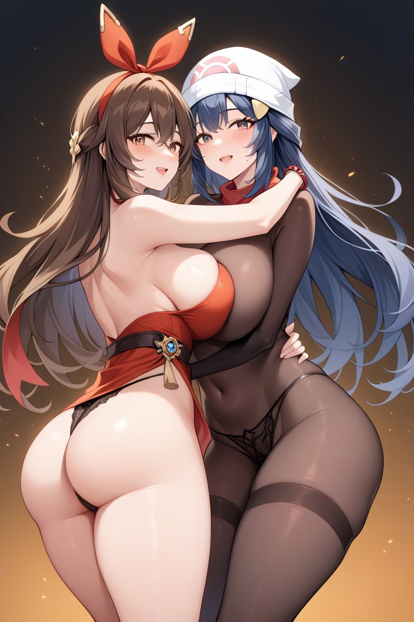 2girls ai_generated amber_(genshin_impact) big_ass dawn_(pokemon) duo genshin_impact huge_ass huge_breasts medium_ass medium_breasts pokemon