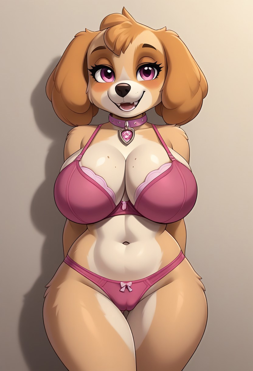 ai generated, anthro, big breasts, bra, breasts, canid, canine, canis, civitai, domestic dog, female, nickelodeon, panties, paw patrol, skye (paw patrol), wide hips