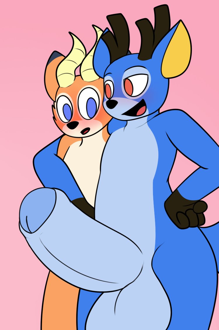 animal_crossing anthro antlers arm_around_shoulders balls bam_(animal_crossing) beau_(animal_crossing) big_balls big_penis blue_body blue_eyes blue_fur blush deer duo fur genitals horn huge_balls huge_cock hyper hyper_balls hyper_genitalia hyper_penis looking_at_genitalia looking_at_penis male male/male mammal mr_rottson nintendo nude open_mouth orange_body orange_fur penis presenting red_eyes tail