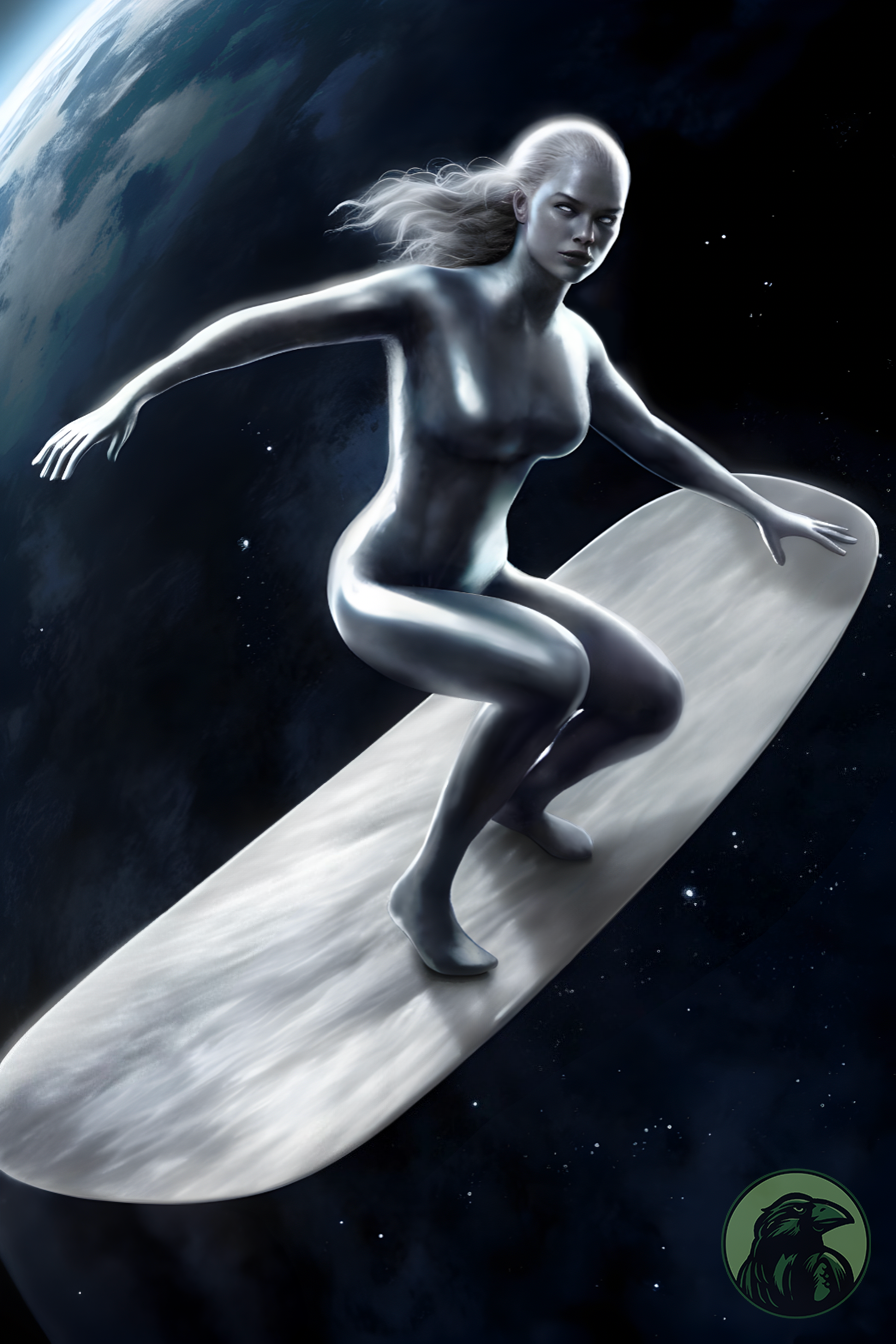 alien alien_girl alien_humanoid fantastic_four julia_garner marvel marvel_cinematic_universe marvel_comics metallic_body shalla_bal silver_surfer space superheroine surfboard the_fantastic_four_first_steps