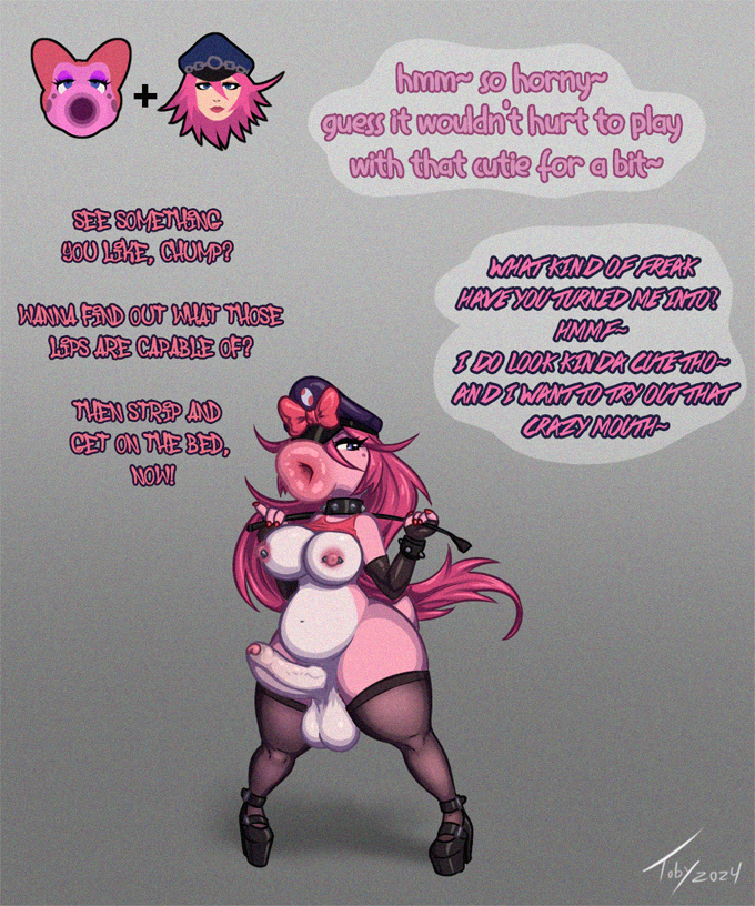 5:6 anthro areola balls biped birdo breasts capcom countershade_torso countershading english_text erection final_fight foreskin fusion genitals gynomorph hair humanoid_genitalia humanoid_penis intersex mario_bros nintendo nipple_piercing nipples penis piercing pink_body pink_hair poison_(final_fight) solo tail text toby_art